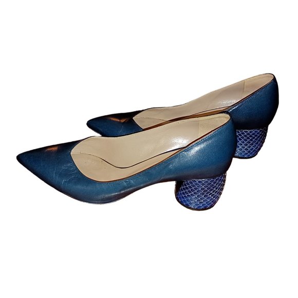 Marc Jacobs Size 37 Navy Blue Leather Point Toe Snake Skin Round Chunky Heel - Picture 7 of 7